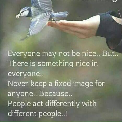 Everyone may not be nice..But..There is something nice in everyone.. Never keep a fixed image for anyone..Because..People act differently with different people!