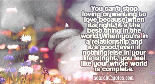 You can't stop loving or wanting to love because when its right, it's the best thing in the world. When you're in a relationship and it's good, even if nothing else in your life is right, you feel like your whole world is complete.