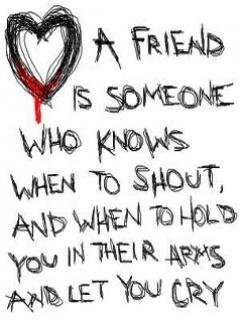 A friend is someone who knows when to shout, and when to hold you in their arms and let you cry.